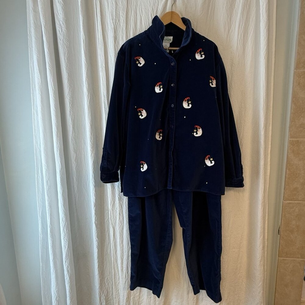 Quacker Factory Velour Shirt Pants Set 2X Santa Moon Embroidered‎ Blue Christmas